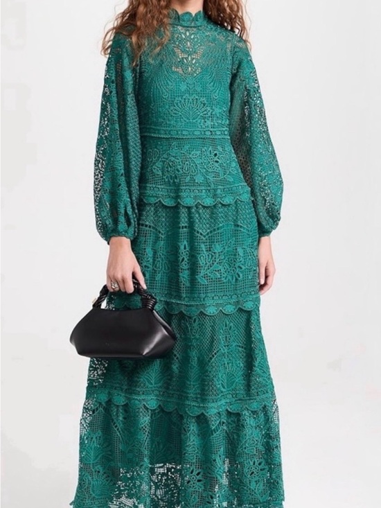 FARM Rio Dresses & Skirts - Farm Rio MISSING SLIP Emerald Dark Green Guipure Lace Long Sleeve Maxi Dress NWT